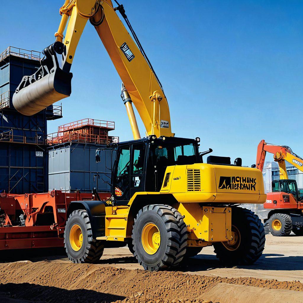 A dynamic scene of a professional lifting heavy equipment with a Mohawk logo visible, showcasing a variety of heavy machinery around. The background features an industrial landscape with cranes and construction sites, while illustrating the strength and precision of lifting practices. Brightly lit with a focus on the machinery and the skilled worker, exuding a sense of expertise and reliability. super-realistic. vibrant colors. industrial setting.