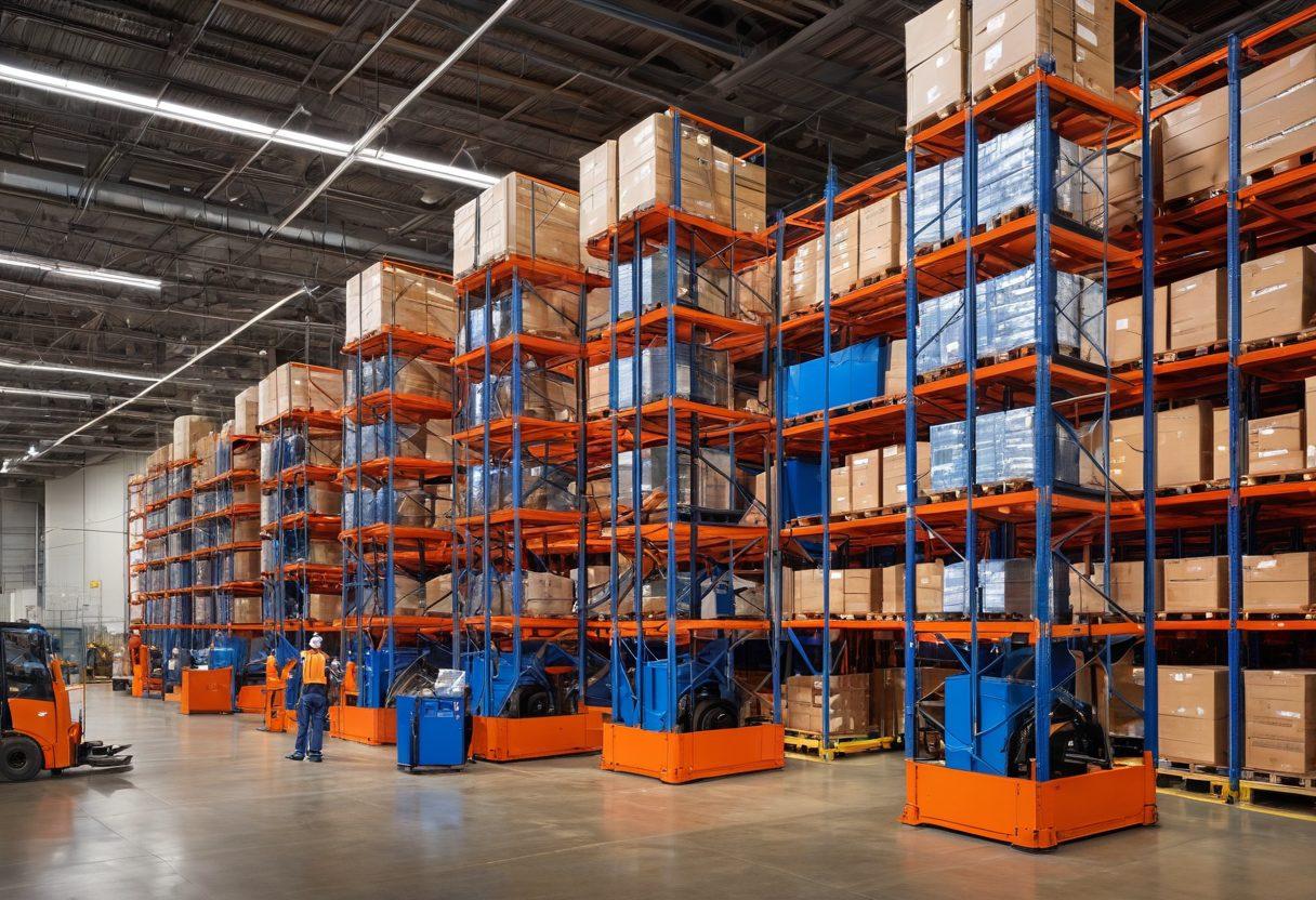 A dynamic industrial scene showcasing Mohawk lifts in action, effortlessly elevating heavy materials within a bustling warehouse. Highlight workers in safety gear, demonstrating teamwork and efficiency. Include bright blue and orange colors to indicate safety and energy, with a modern, sleek design of the lift in the foreground. The background should show shelves stocked with various materials, emphasizing an organized and productive environment. super-realistic. vibrant colors. 3D.