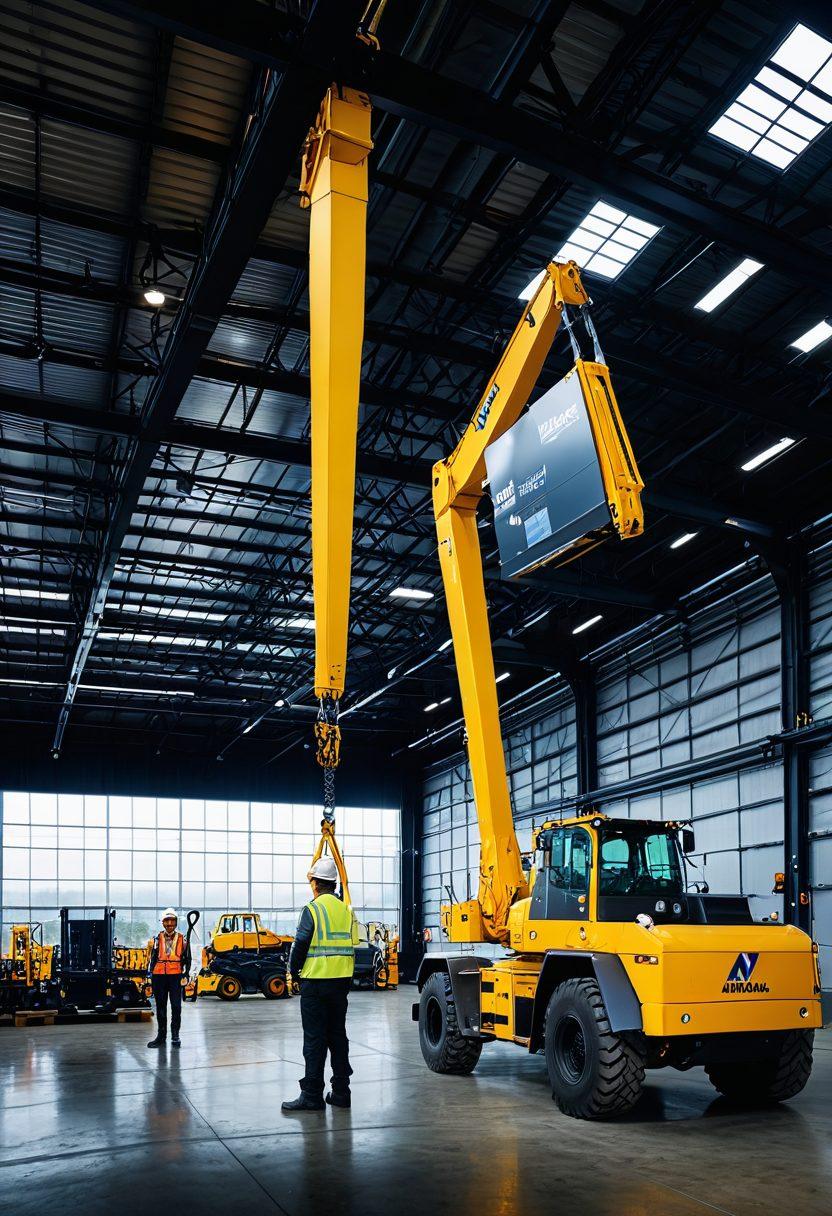 A striking industrial scene showcasing Mohawk Technology's advanced lifting solutions in action. Include a high-tech lifting crane smoothly elevating heavy equipment, with workers observing in safety gear. The background features a modern warehouse illuminated by natural light and decorated with digital displays illustrating innovative technologies. Emphasize the synergy between technology and efficiency. super-realistic. vibrant colors. industrial style.